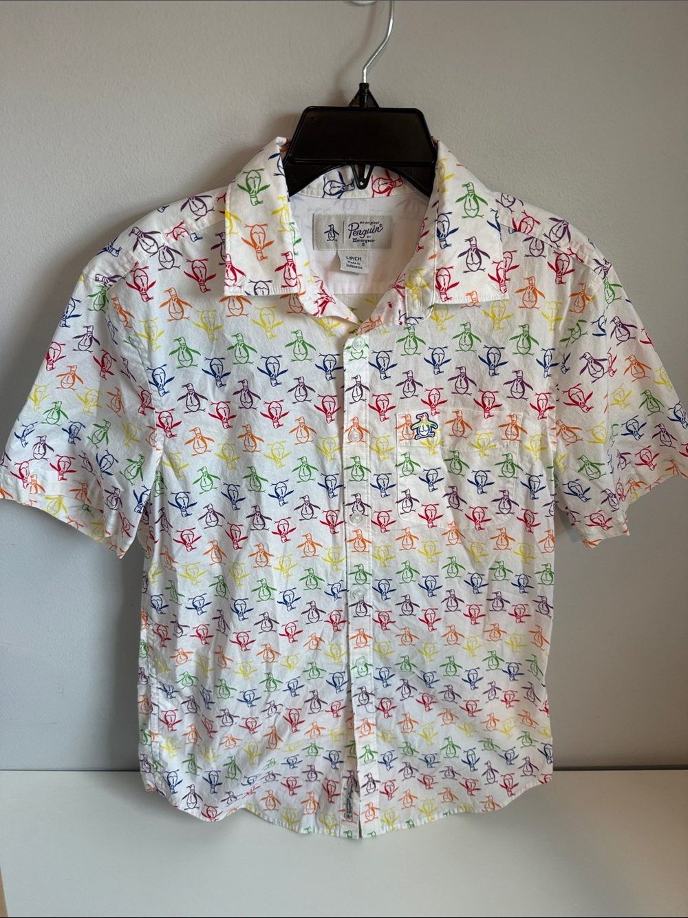 Original Penguin White Short-Sleeve Button-Down with Rainbow Penguin Pattern